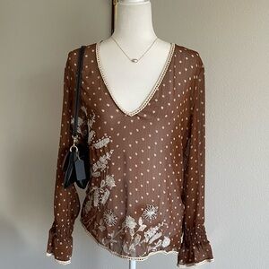 Brown Polka Dot Sheer Women's Top Size L